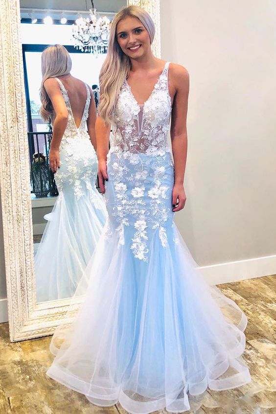 Blue Prom Dress Tulle Lace Mermaid Long Evening Dress