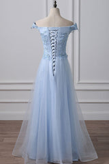 Blue Prom Dress Tulle Lace Off the Shoulder Long Evening Dress
