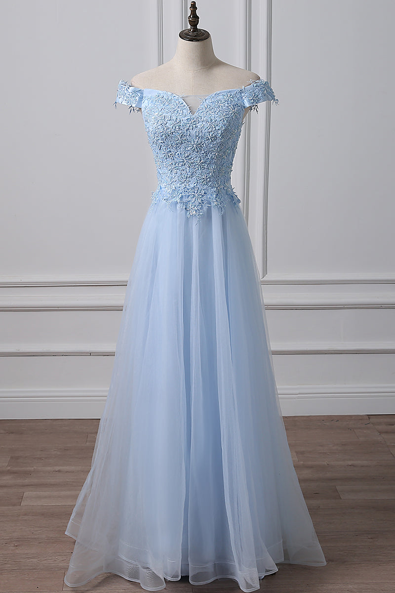 Blue Prom Dress Tulle Lace Off the Shoulder Long Evening Dress