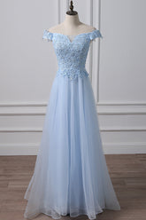 Blue Prom Dress Tulle Lace Off the Shoulder Long Evening Dress