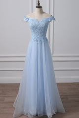 Blue Prom Dress Tulle Lace Off the Shoulder Long Evening Dress