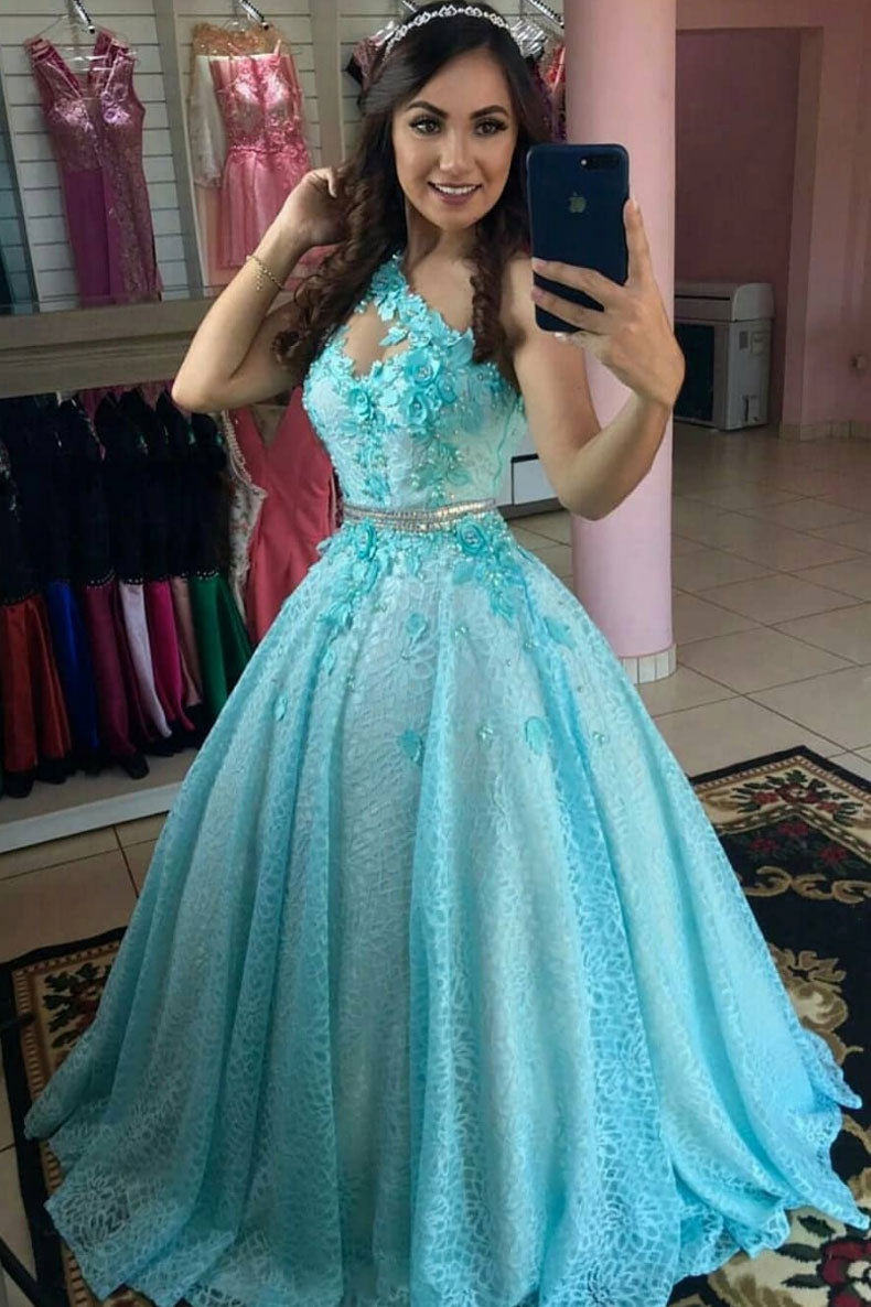 Blue Prom Dress Tulle Lace One Shoulder Long Formal Evening Dress