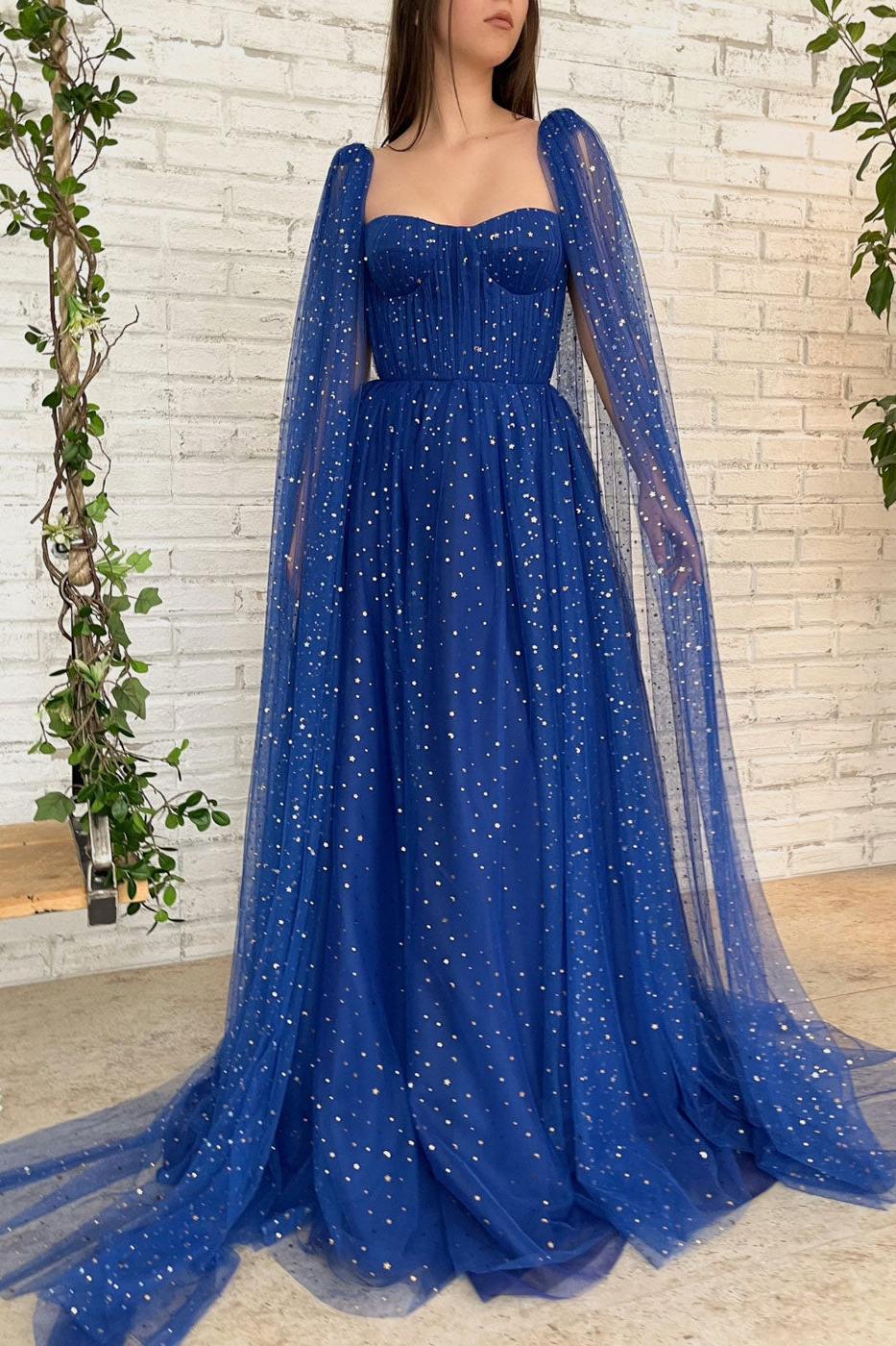 Blue Prom Dress Tulle Long A Line Formal Evening Dress