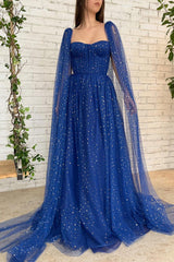 Blue Prom Dress Tulle Long A Line Formal Evening Dress