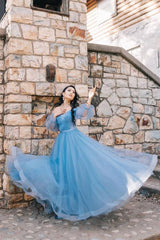 Blue Prom Dress Tulle Long Evening Dress