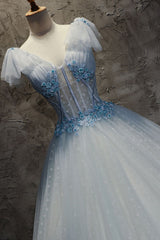 Blue Prom Dress Tulle Long Formal Evening Dress