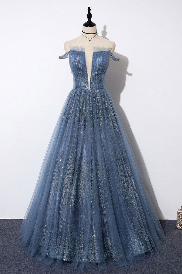 Blue Prom Dress Tulle Long Formal Evening Dress