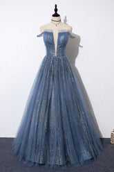 Blue Prom Dress Tulle Long Formal Evening Dress