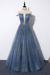 Blue Prom Dress Tulle Long Formal Evening Dress