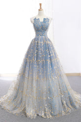 Blue Prom Dress Tulle Long Formal Gown Evening Dress