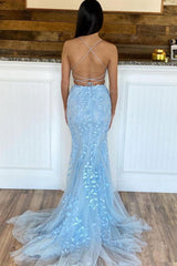 Blue Prom Dress Tulle Long Mermaid Two Piece Evening Dress