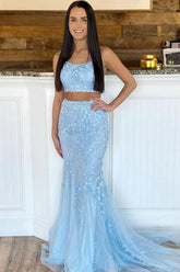 Blue Prom Dress Tulle Long Mermaid Two Piece Evening Dress