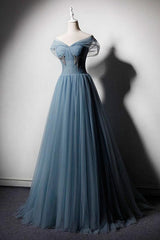Blue Prom Dress Tulle Off the Shoulder Long Evening Dress