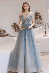 Blue Prom Dress Tulle Off the Shoulder Long Evening Dress