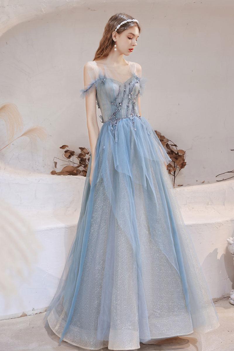 Blue Prom Dress Tulle Off the Shoulder Long Evening Dress