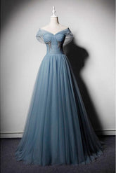 Blue Prom Dress Tulle Off the Shoulder Long Evening Dress