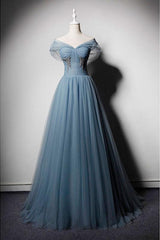 Blue Prom Dress Tulle Off the Shoulder Long Evening Dress