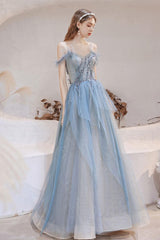 Blue Prom Dress Tulle Off the Shoulder Long Evening Dress