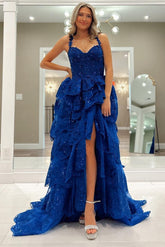 Blue Prom Dress Tulle Sequin Chic Sweetheart Ruffle Tiered Long Evening Dress