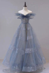 Blue Prom Dress Tulle Sequin Long Formal Evening Dress