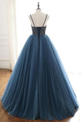 Blue Prom Dress Tulle Sequin Long Formal Gown Evening Dress