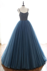 Blue Prom Dress Tulle Sequin Long Formal Gown Evening Dress