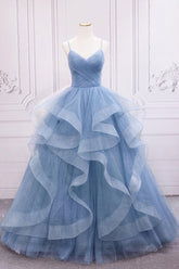 Blue Prom Dress Tulle V Neck Sequin Long Sweet 16 Dress Formal Evening Dress