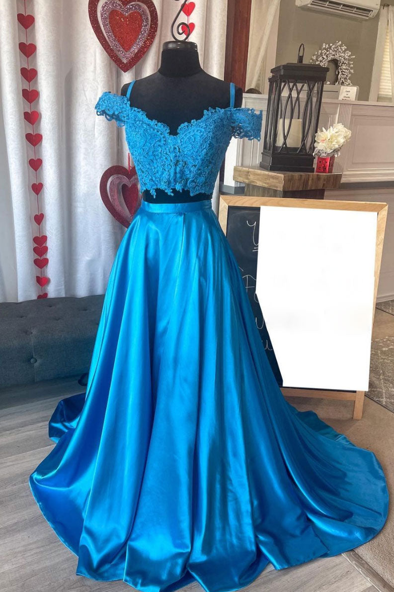Blue Prom Dress Two Piece Lace Satin Long Formal Gown Evening Dress