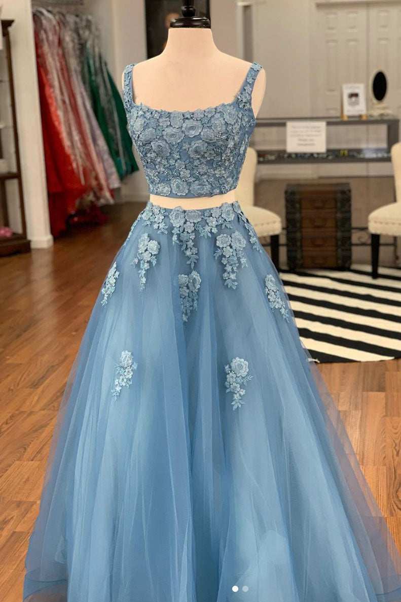 Blue Prom Dress Two Piece Lace Tulle Long Evening Dress