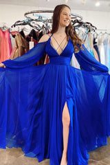 Blue Prom Dress V Neck Chiffon Long Formal Evening Dress