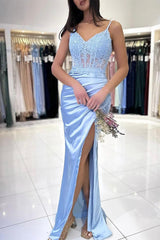 Blue Prom Dress V Neck Lace Satin Mermaid Long Formal Evening Dress