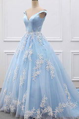 Blue Prom Dress V Neck Lace Tulle Long Evening Dress