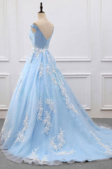 Blue Prom Dress V Neck Lace Tulle Long Evening Dress