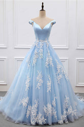 Blue Prom Dress V Neck Lace Tulle Long Evening Dress