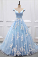 Blue Prom Dress V Neck Lace Tulle Long Evening Dress