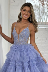 Blue Prom Dress V Neck Lace Tulle Long Graduation Dress Evening Dress