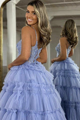 Blue Prom Dress V Neck Lace Tulle Long Graduation Dress Evening Dress