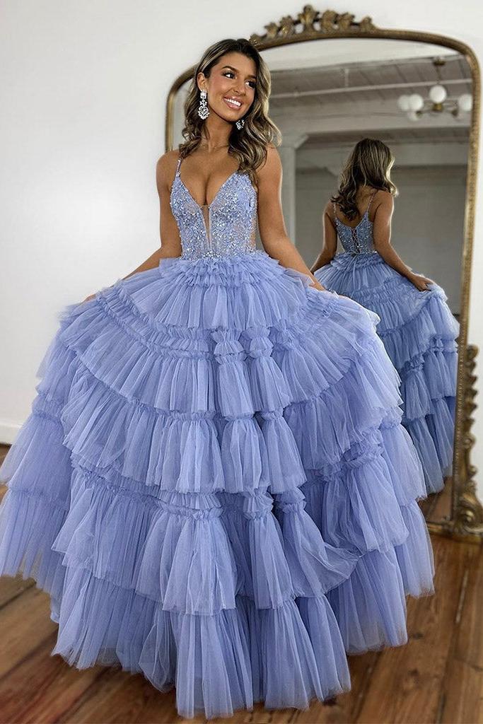 Blue Prom Dress V Neck Lace Tulle Long Graduation Dress Evening Dress