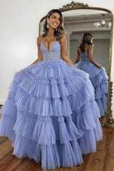 Blue Prom Dress V Neck Lace Tulle Long Graduation Dress Evening Dress