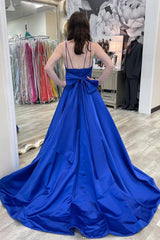 Blue Prom Dress V Neck Satin Long Formal Dress Evening Dress