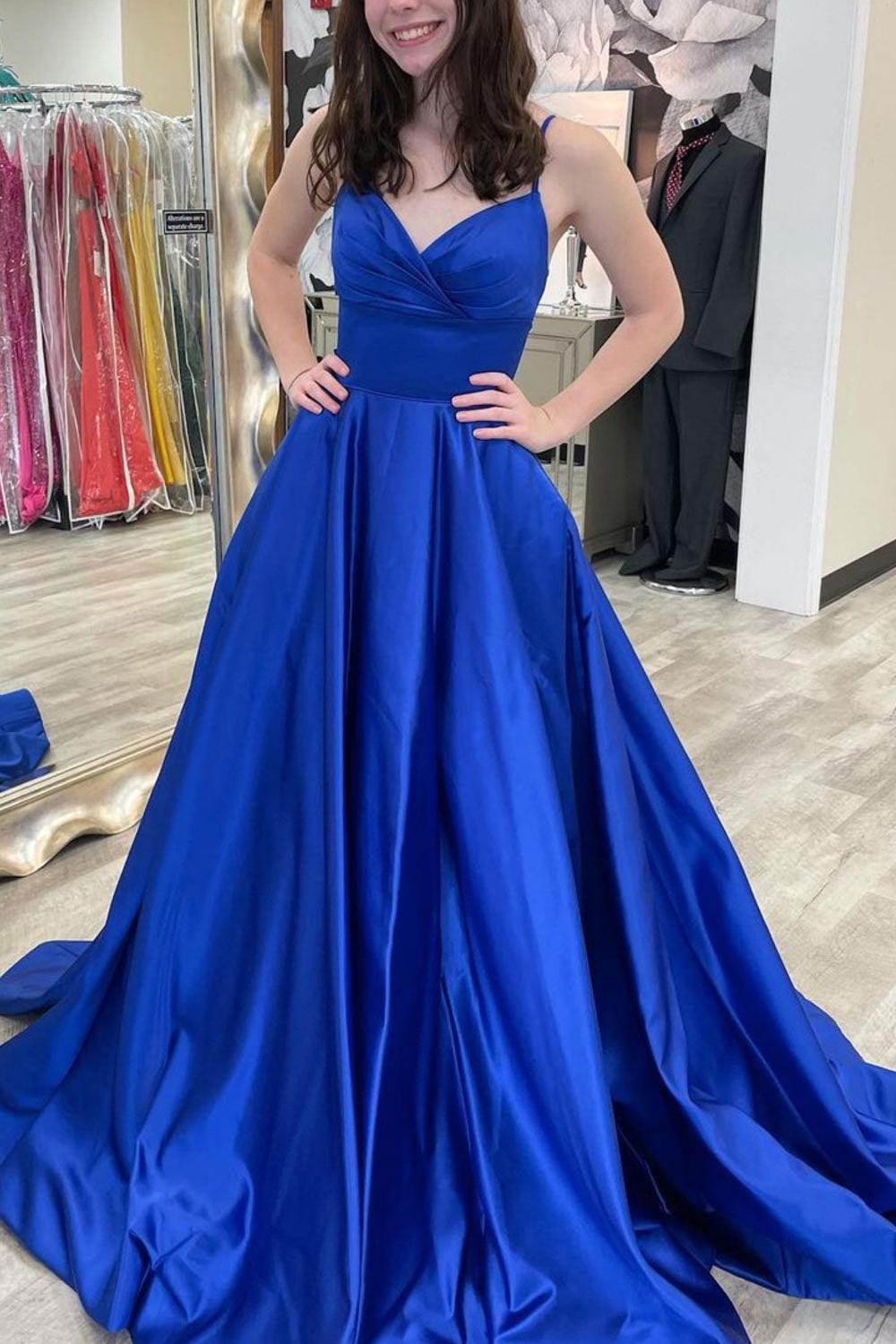 Blue Prom Dress V Neck Satin Long Formal Dress Evening Dress