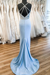 Blue Prom Dress V Neck Satin Long Formal Evening Dress