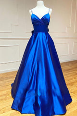 Blue Prom Dress V Neck Satin Long Formal Evening Dress