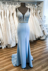 Blue Prom Dress V Neck Satin Long Formal Evening Dress