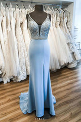 Blue Prom Dress V Neck Satin Long Formal Evening Dress