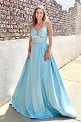 Blue Prom Dress V Neck Satin Long Formal Evening Dress