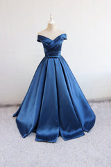Blue Prom Dress V Neck Satin Long Formal Gown Evening Dress