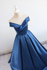 Blue Prom Dress V Neck Satin Long Formal Gown Evening Dress