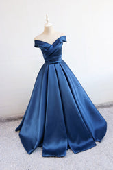 Blue Prom Dress V Neck Satin Long Formal Gown Evening Dress