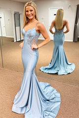 Blue Prom Dress V Neck Sheer Side Trumpet Long Evening Dress